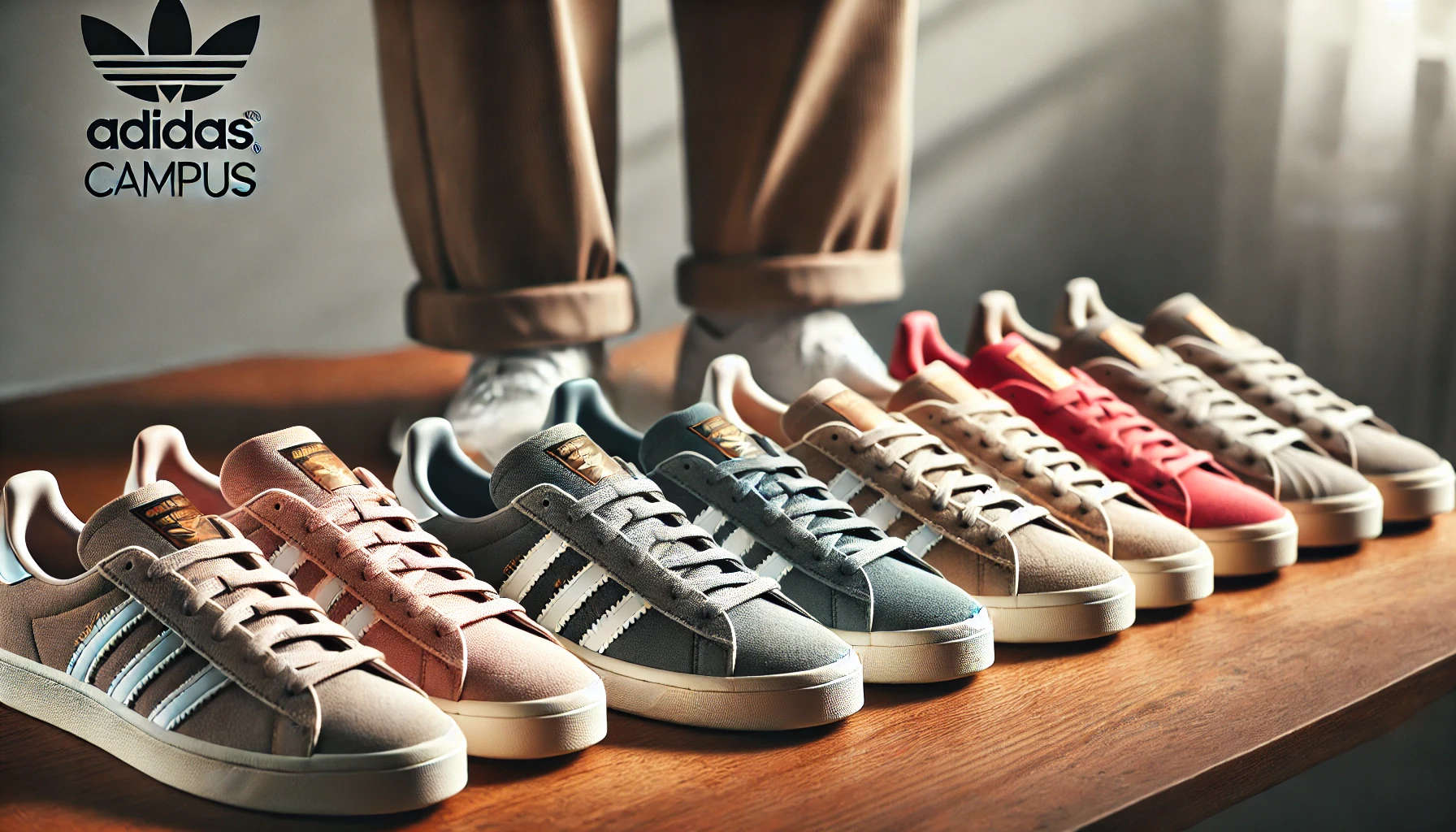 نمای نزدیک از کتونیهای آدیداس کامپوس در رنگهای مختلف روی یک میز چوبی