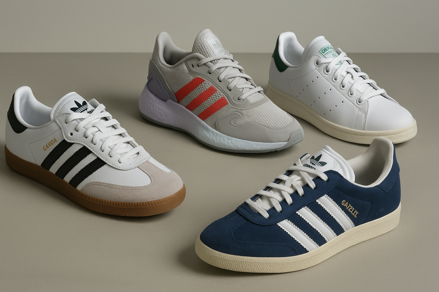 نمای تبلیغاتی از کفشهای آدیداس سامبا، زد ایکس، استن اسمیت و گزل