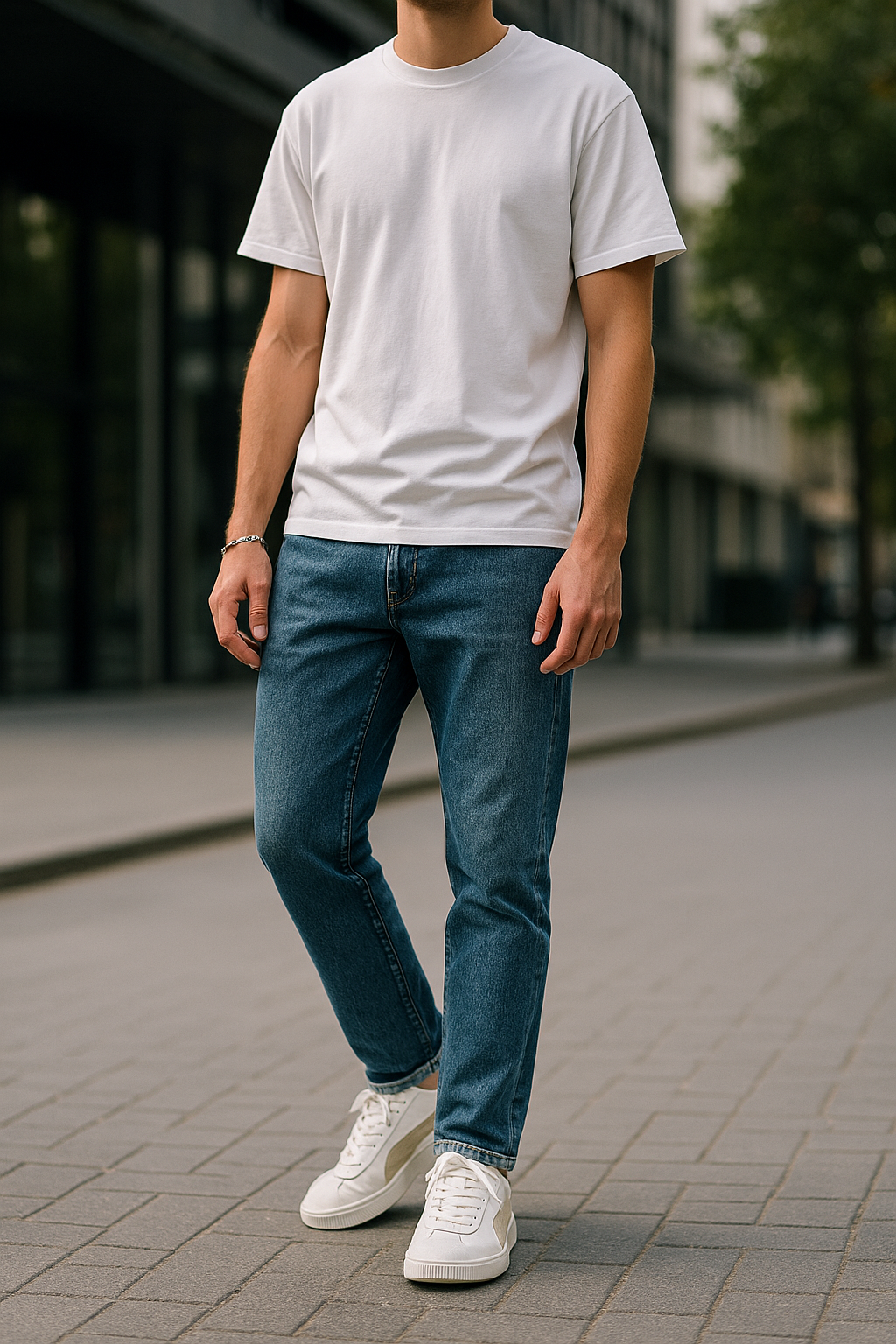 نمای ایستاده از استایل مردانه با کتونی اسپرت برند Puma