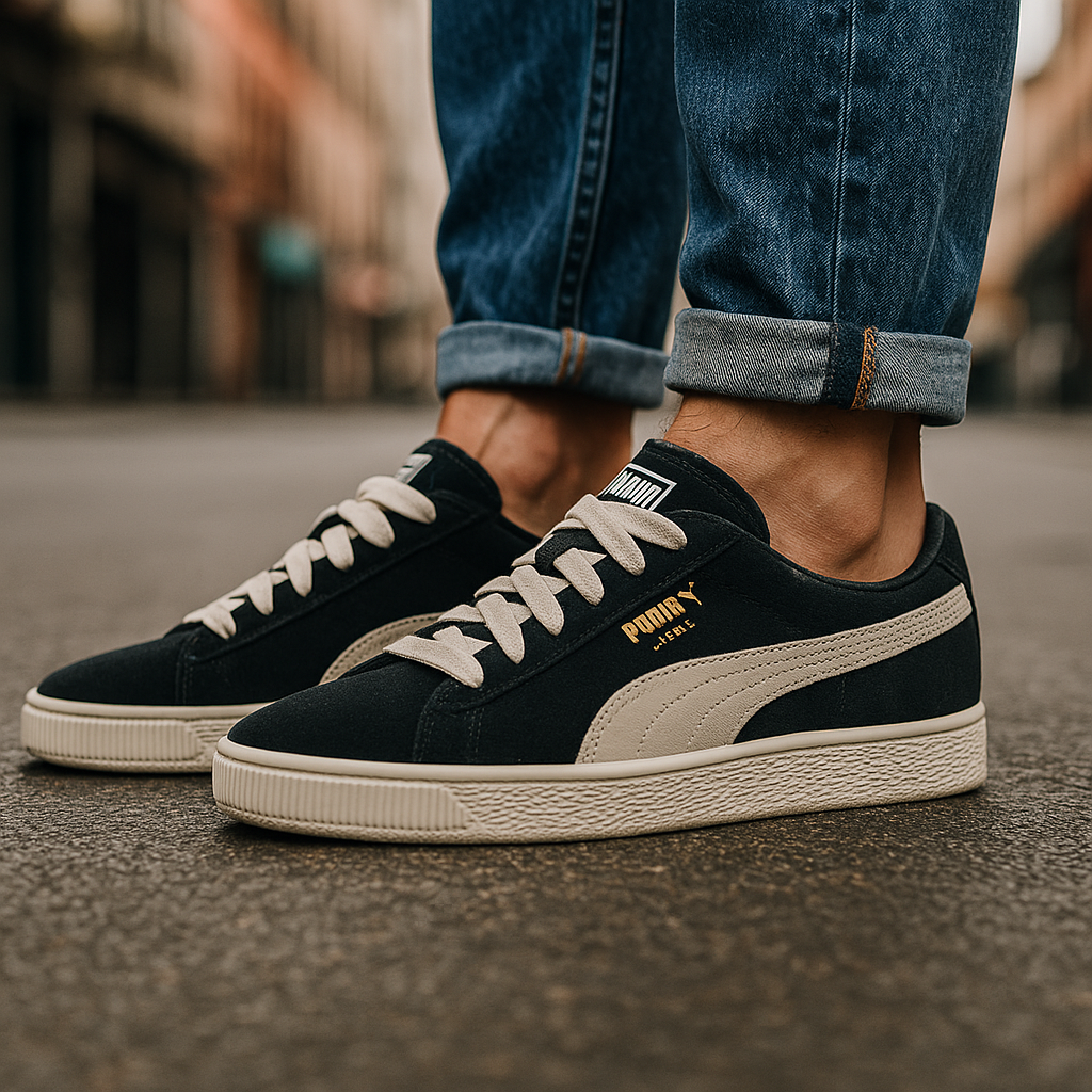 کتونی پاما روی زمین سنگفرش با نور طبیعی و زاویه پایین